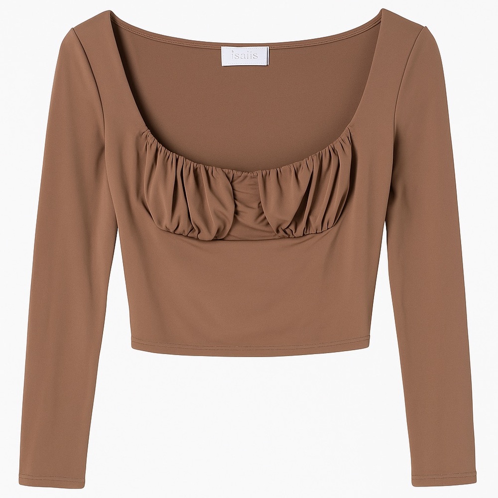 Isalis Long Sleeve Ruched Front Crop Top – Brown – Size S
